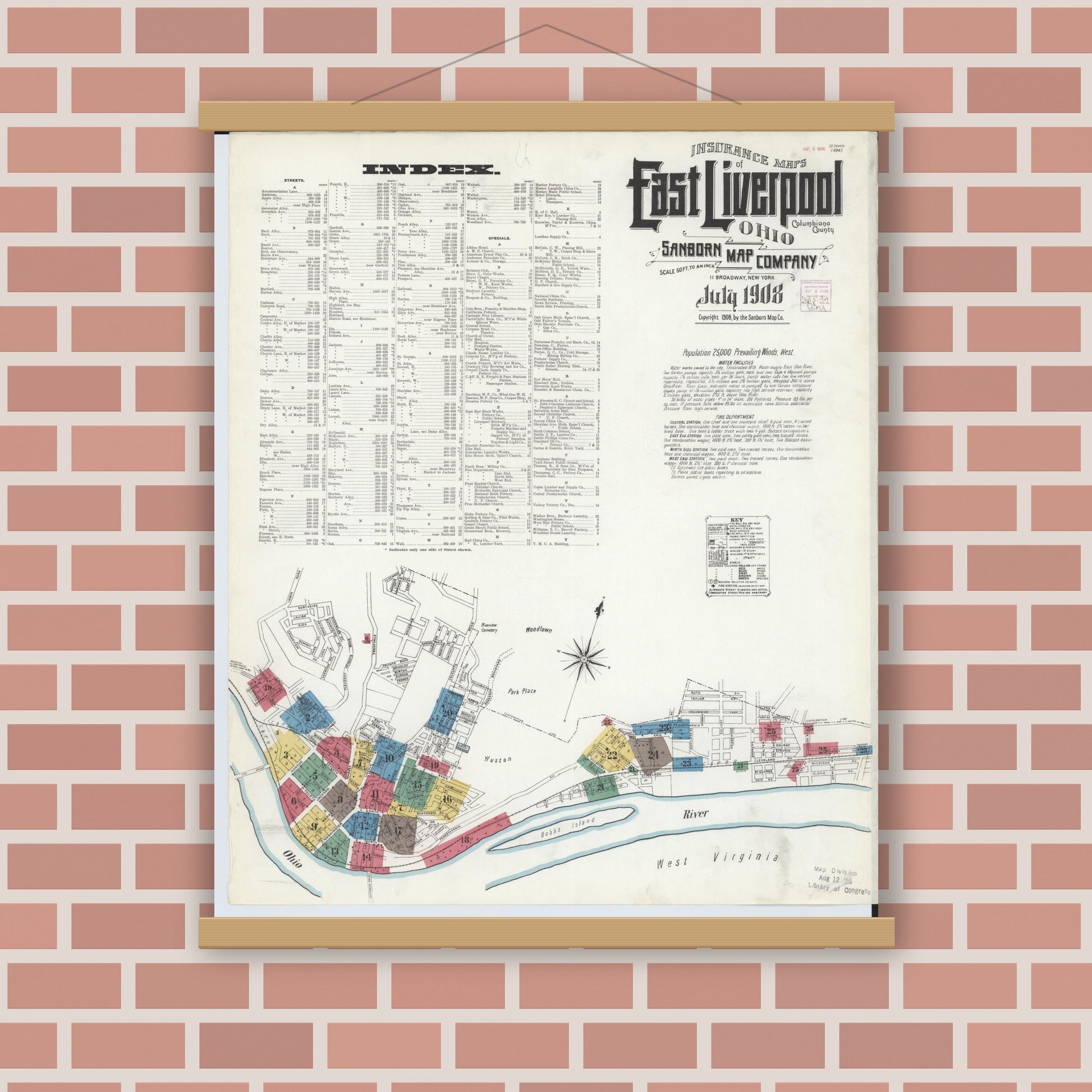 Old map wall art mockup — magnetic wood frame on brick wall — Sanborn Fire Insurance Map from East Liverpool, Columbiana County, Ohio (1908), Sheet #0001