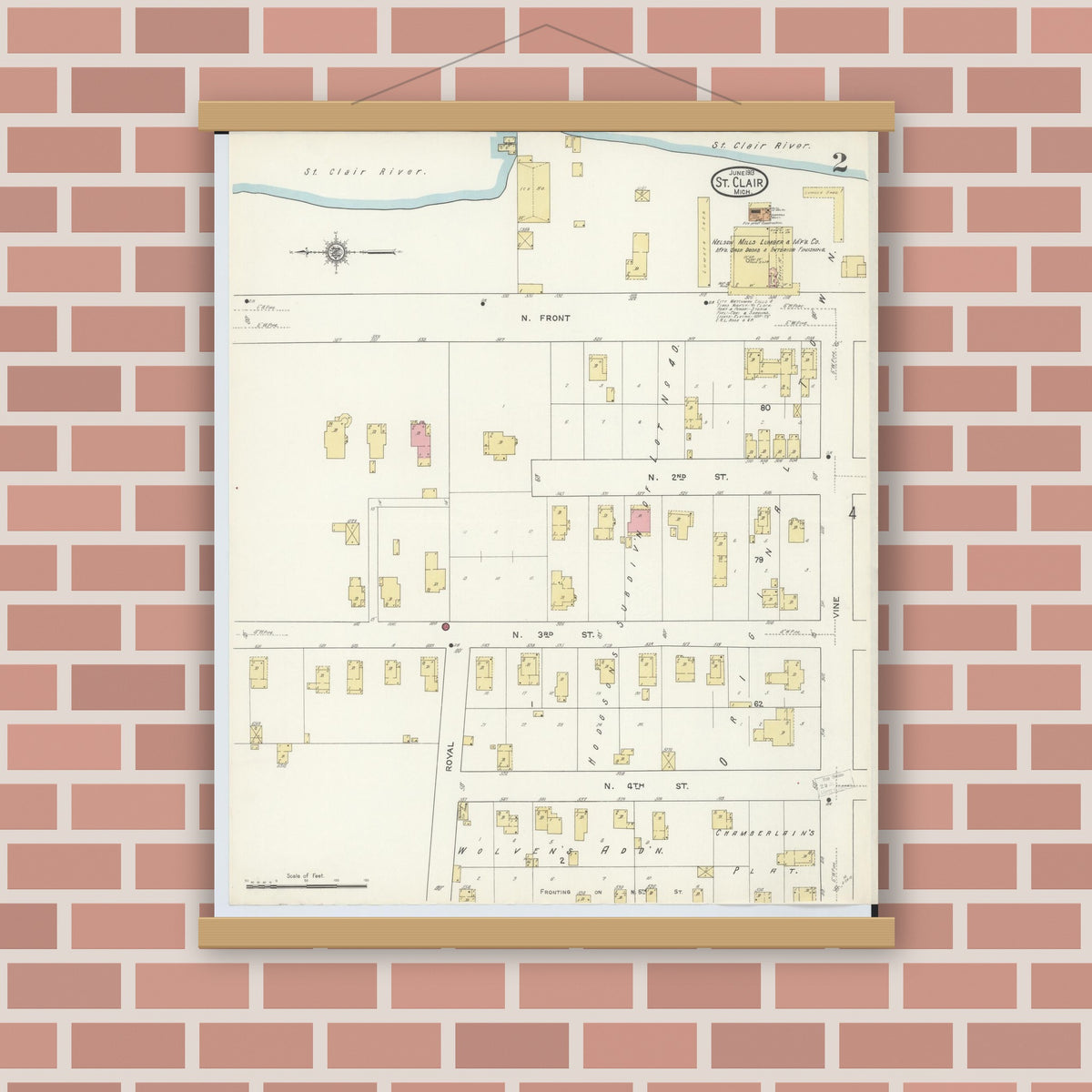 Old map wall art mockup — magnetic wood frame on brick wall — Sanborn Fire Insurance Map from Saint Clair, Saint Clair County, Michigan (1913), Sheet #0002