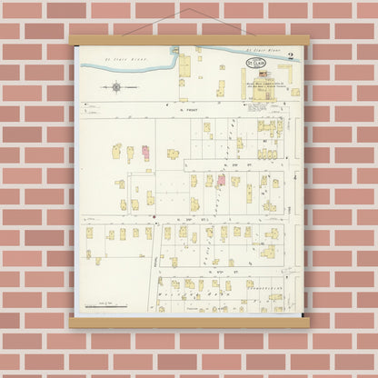 Old map wall art mockup — magnetic wood frame on brick wall — Sanborn Fire Insurance Map from Saint Clair, Saint Clair County, Michigan (1913), Sheet #0002