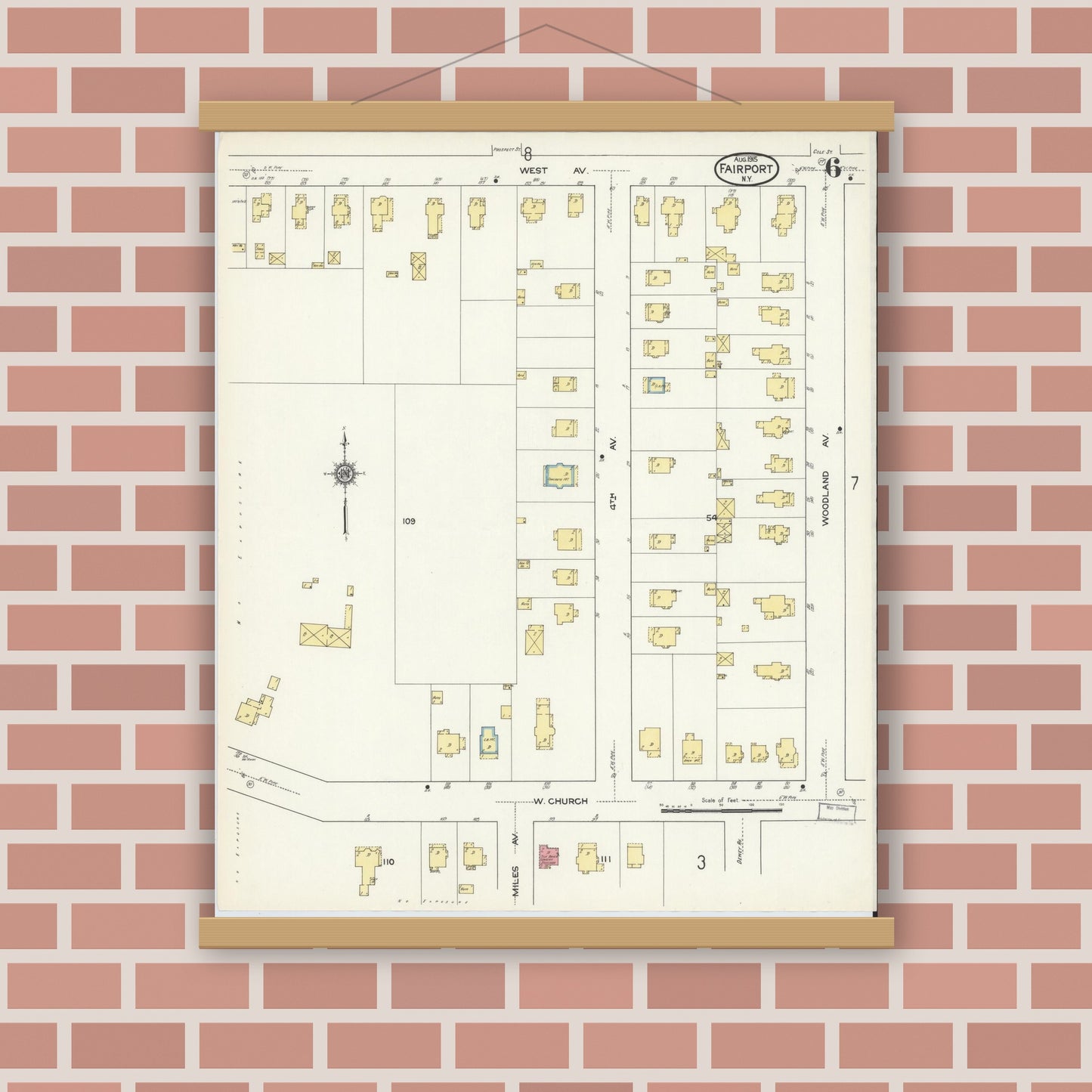 Old map wall art mockup — magnetic wood frame on brick wall — Sanborn Fire Insurance Map from Fairport, Monroe County, New York (1915), Sheet #0006
