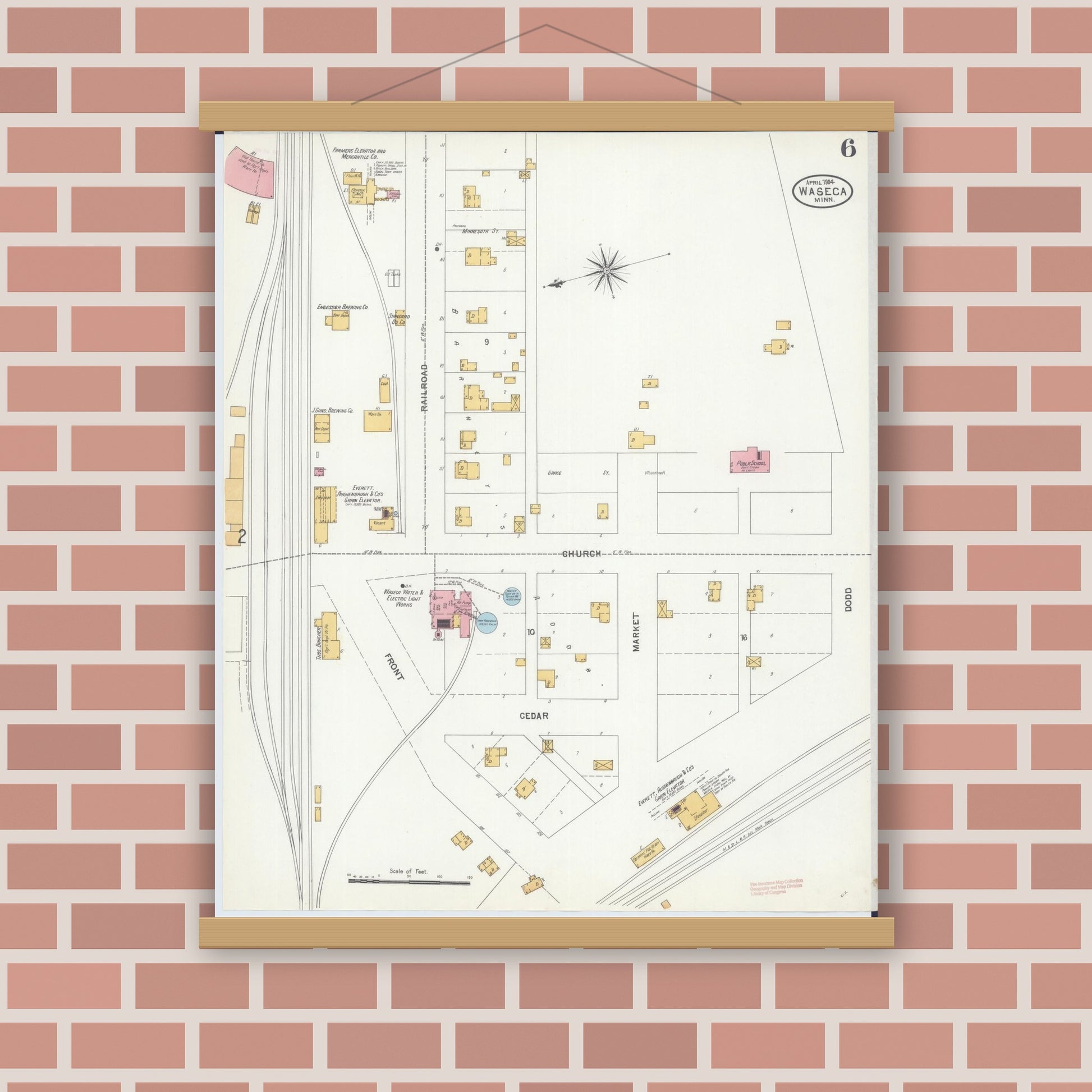 Old map wall art mockup — magnetic wood frame on brick wall — Sanborn Fire Insurance Map from Waseca, Waseca County, Minnesota (1904), Sheet #0006