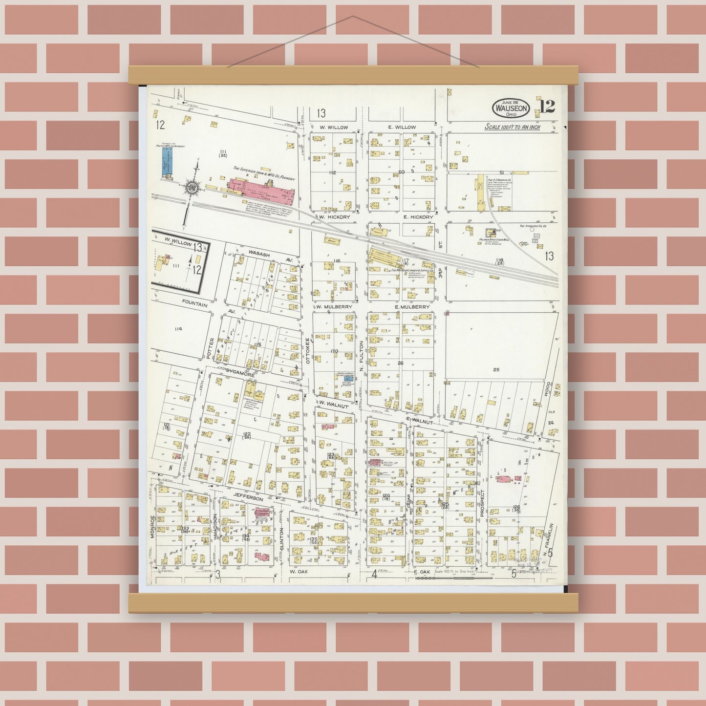 Old map wall art mockup — magnetic wood frame on brick wall — Sanborn Fire Insurance Map from Wauseon, Fulton County, Ohio (1916), Sheet #0012