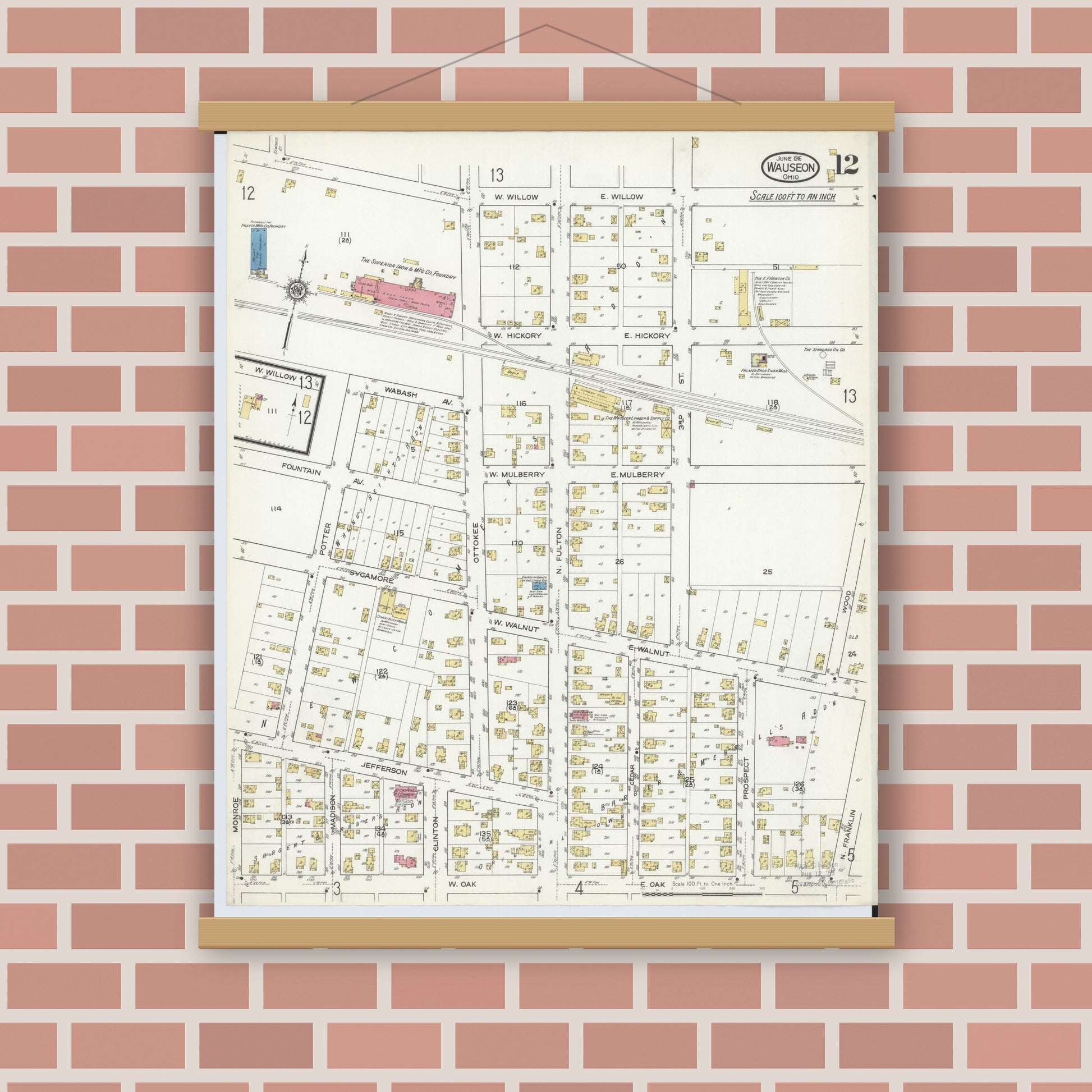 Old map wall art mockup — magnetic wood frame on brick wall — Sanborn Fire Insurance Map from Wauseon, Fulton County, Ohio (1916), Sheet #0012