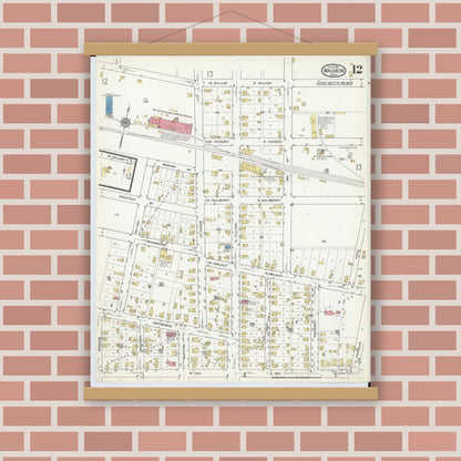 Old map wall art mockup — magnetic wood frame on brick wall — Sanborn Fire Insurance Map from Wauseon, Fulton County, Ohio (1916), Sheet #0012