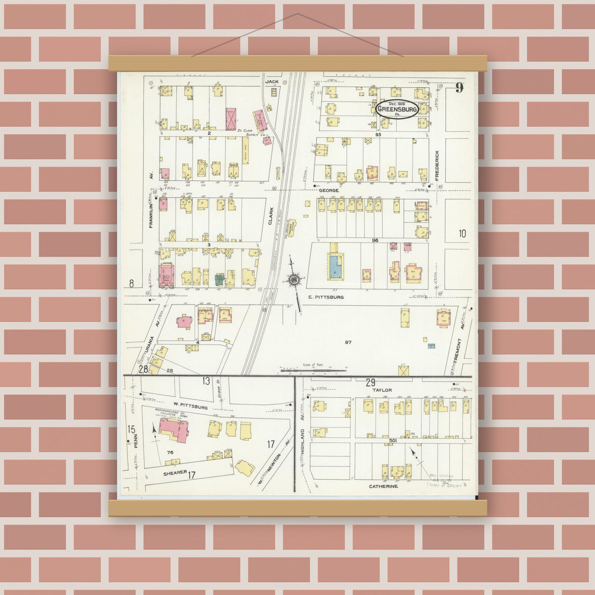 Old map wall art mockup — magnetic wood frame on brick wall — Sanborn Fire Insurance Map from Greensburg, Westmoreland County, Pennsylvania (1909), Sheet #0009