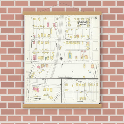 Old map wall art mockup — magnetic wood frame on brick wall — Sanborn Fire Insurance Map from Greensburg, Westmoreland County, Pennsylvania (1909), Sheet #0009