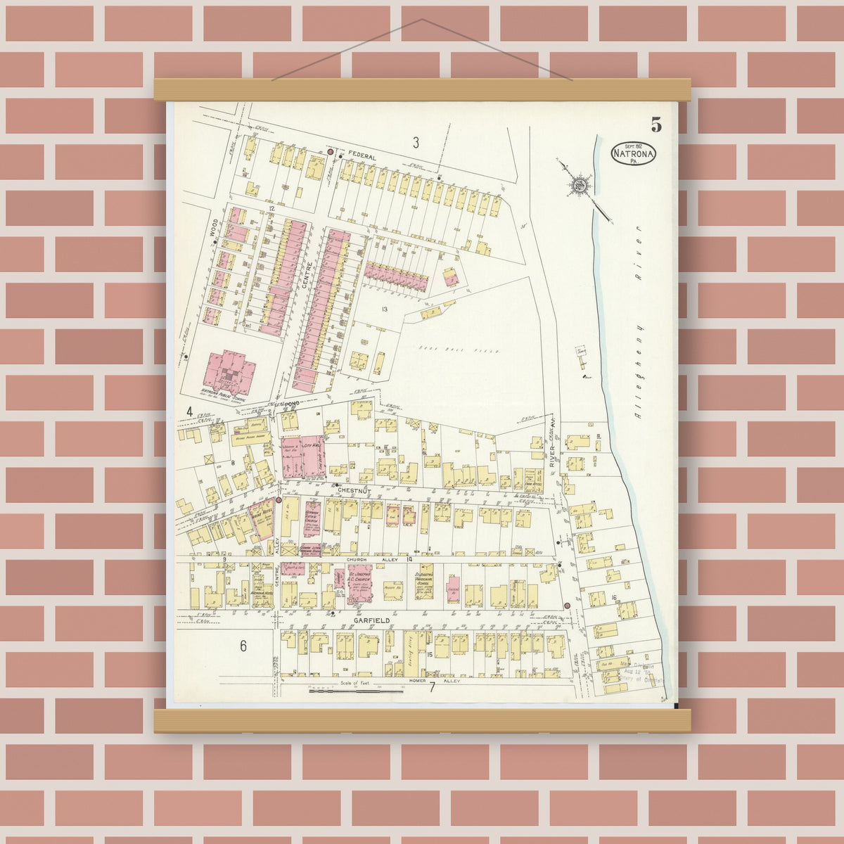 Old map wall art mockup — magnetic wood frame on brick wall — Sanborn Fire Insurance Map from Natrona, Allegheny County, Pennsylvania (1912), Sheet #0005