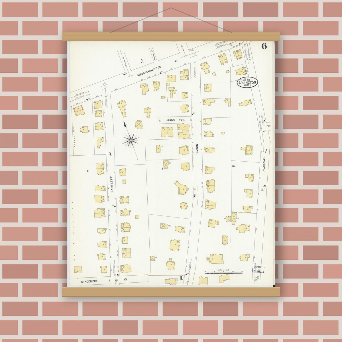 Old map wall art mockup — magnetic wood frame on brick wall — Sanborn Fire Insurance Map from Arlington, Middlesex County, Massachusetts (1908), Sheet #0006