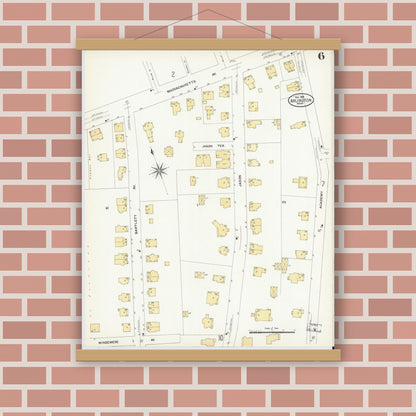 Old map wall art mockup — magnetic wood frame on brick wall — Sanborn Fire Insurance Map from Arlington, Middlesex County, Massachusetts (1908), Sheet #0006