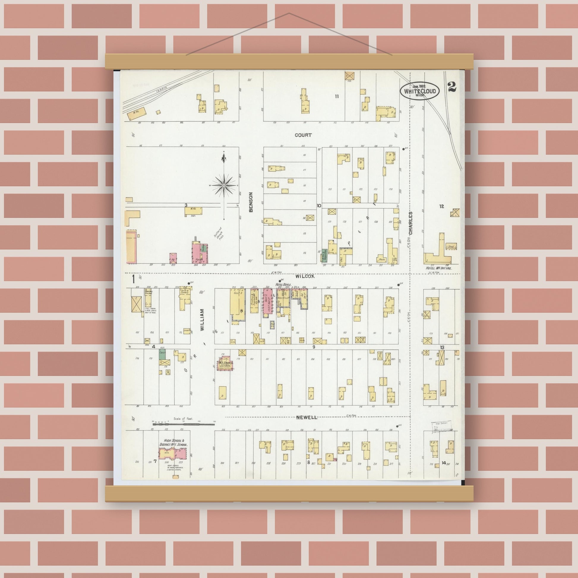 Old map wall art mockup — magnetic wood frame on brick wall — Sanborn Fire Insurance Map from White Cloud, Newaygo County, Michigan (1902), Sheet #0002