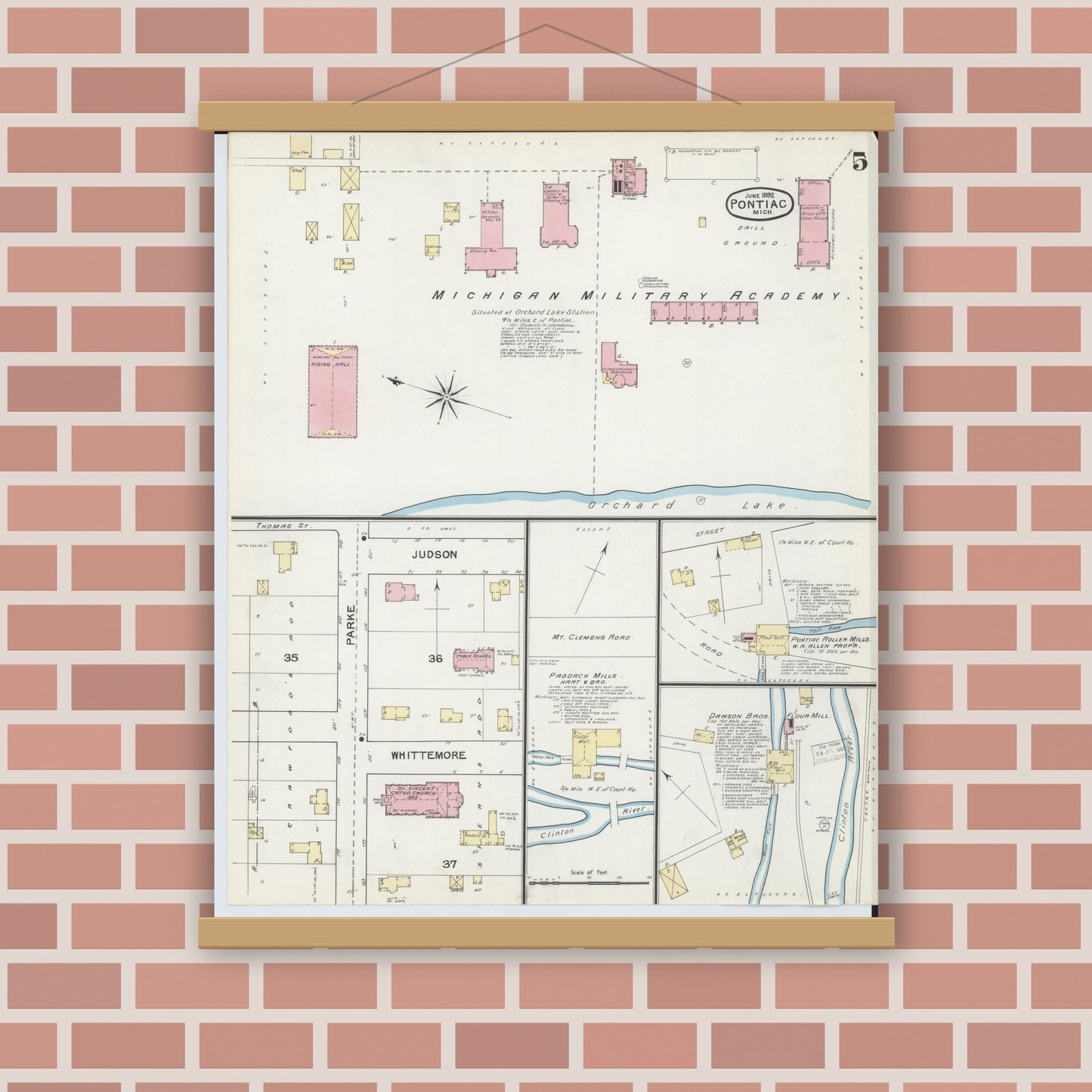 Old map wall art mockup — magnetic wood frame on brick wall — Sanborn Fire Insurance Map from Pontiac, Oakland County, Michigan (1892), Sheet #0005