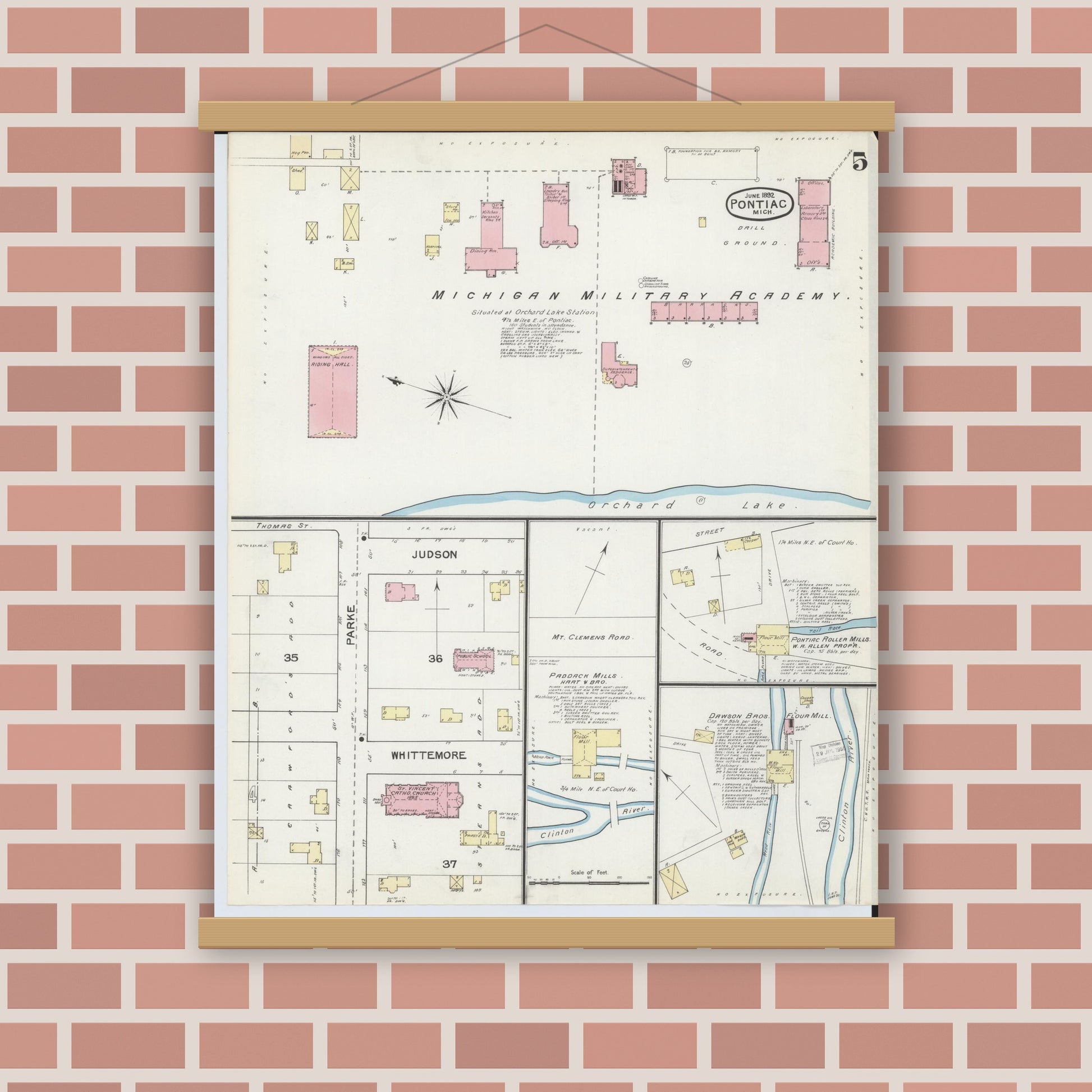 Old map wall art mockup — magnetic wood frame on brick wall — Sanborn Fire Insurance Map from Pontiac, Oakland County, Michigan (1892), Sheet #0005