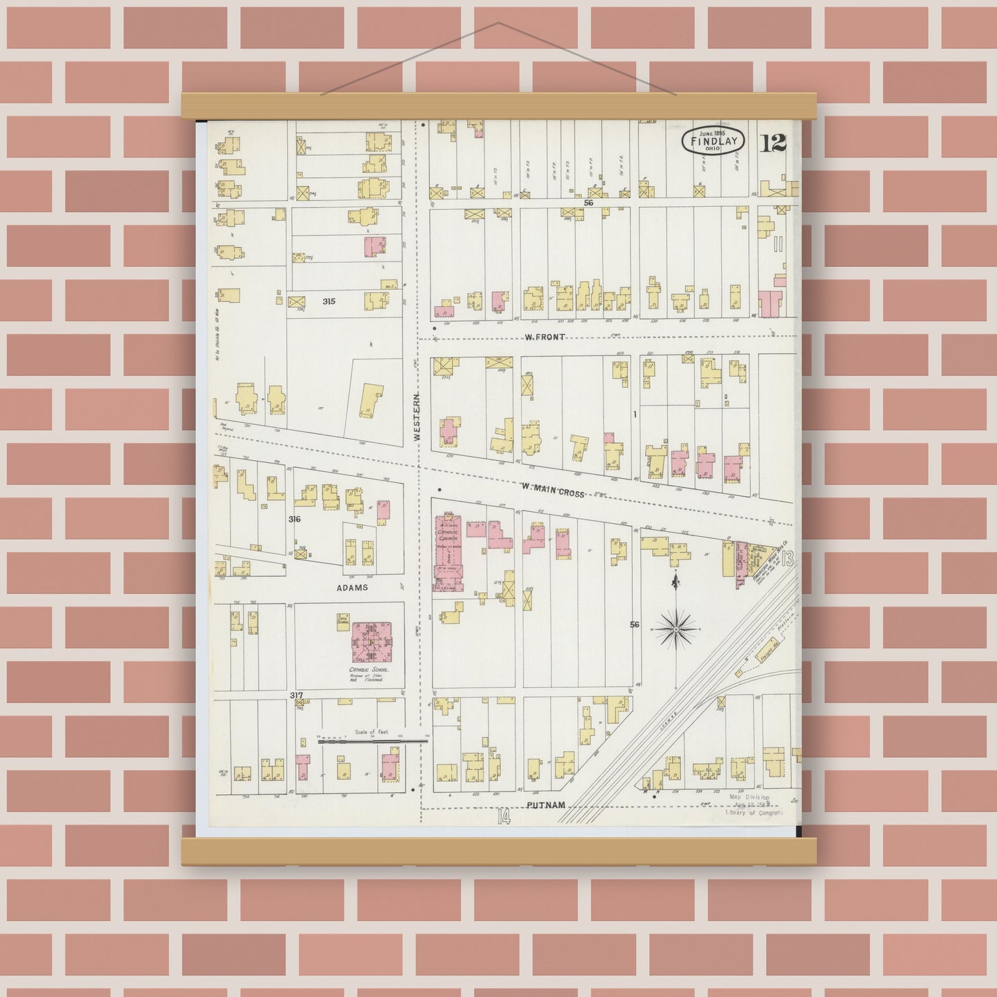 Old map wall art mockup — magnetic wood frame on brick wall — Sanborn Fire Insurance Map from Findlay, Hancock County, Ohio (1895), Sheet #0012