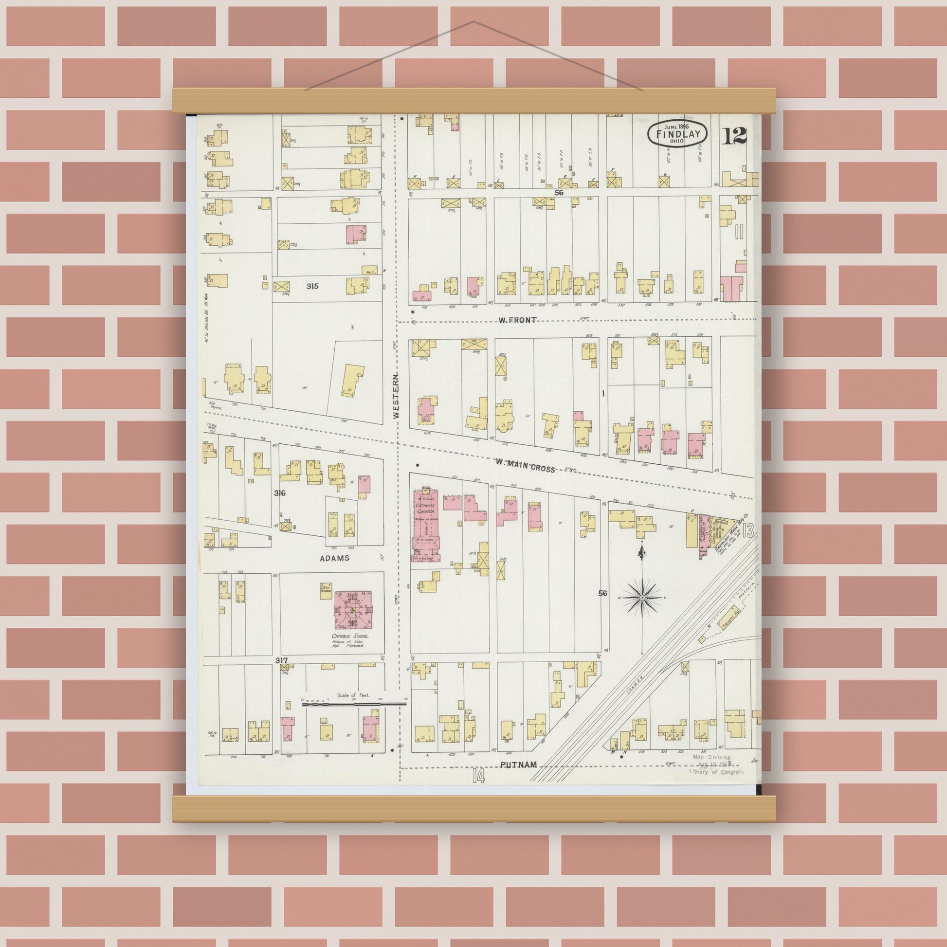 Old map wall art mockup — magnetic wood frame on brick wall — Sanborn Fire Insurance Map from Findlay, Hancock County, Ohio (1895), Sheet #0012