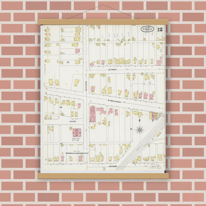 Old map wall art mockup — magnetic wood frame on brick wall — Sanborn Fire Insurance Map from Findlay, Hancock County, Ohio (1895), Sheet #0012