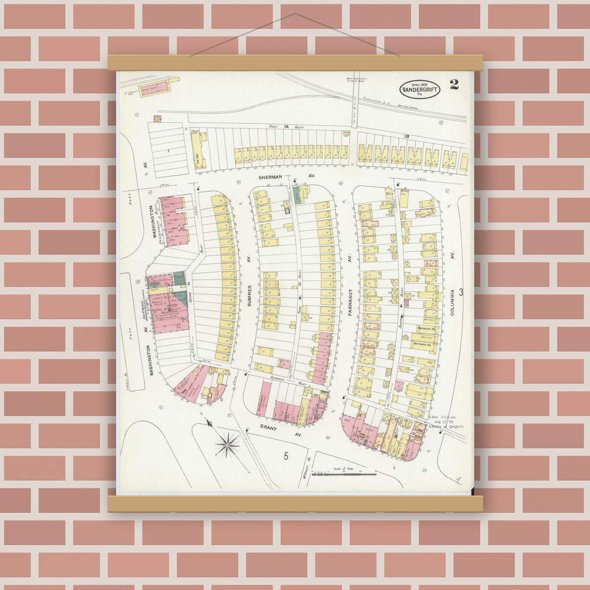 Old map wall art mockup — magnetic wood frame on brick wall — Sanborn Fire Insurance Map from Vandergrift, Westmoreland County, Pennsylvania (1909), Sheet #0002