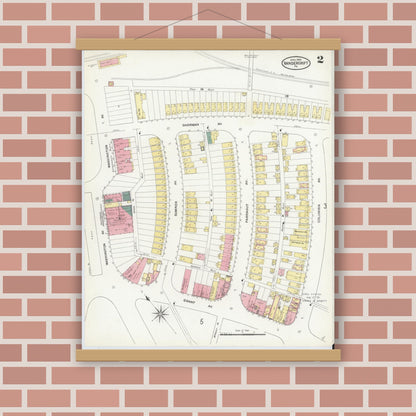 Old map wall art mockup — magnetic wood frame on brick wall — Sanborn Fire Insurance Map from Vandergrift, Westmoreland County, Pennsylvania (1909), Sheet #0002