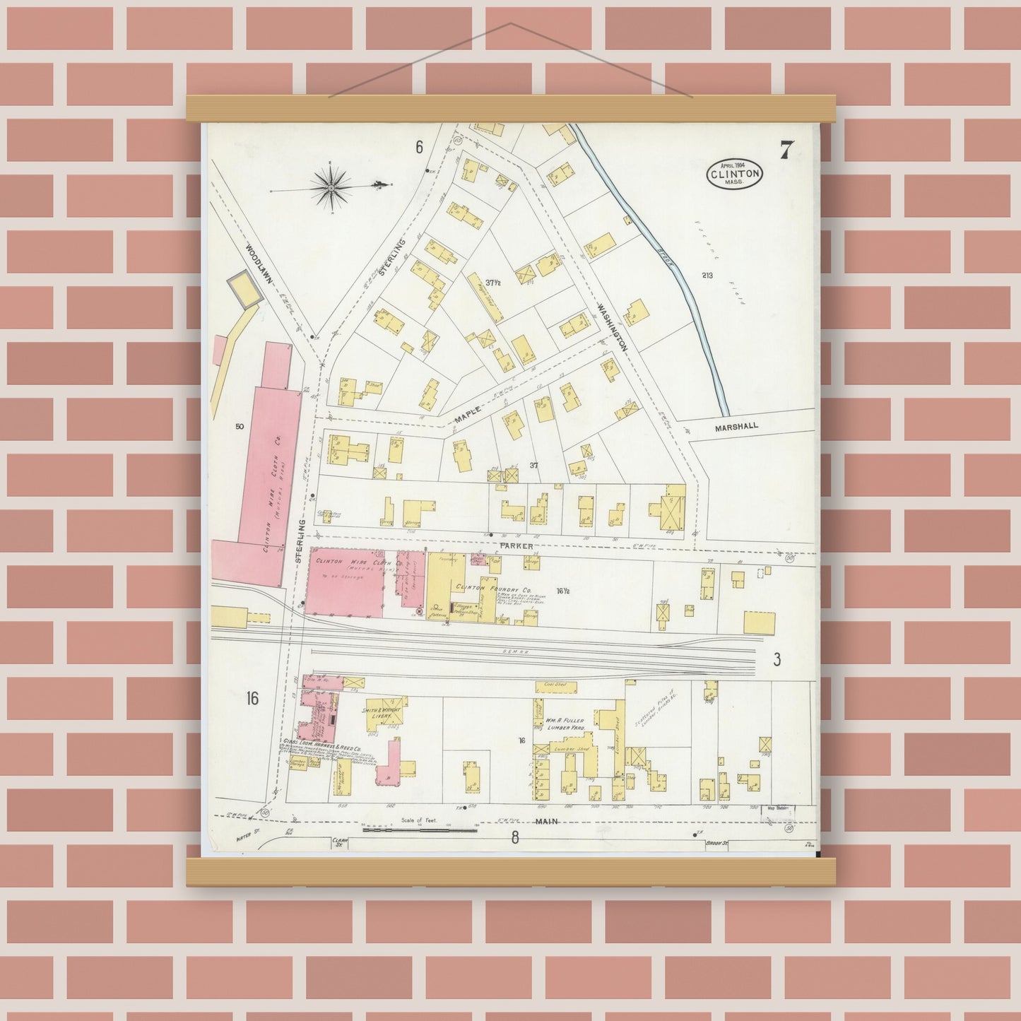 Old map wall art mockup — magnetic wood frame on brick wall — Sanborn Fire Insurance Map from Clinton, Worcester County, Massachusetts (1904), Sheet #0007