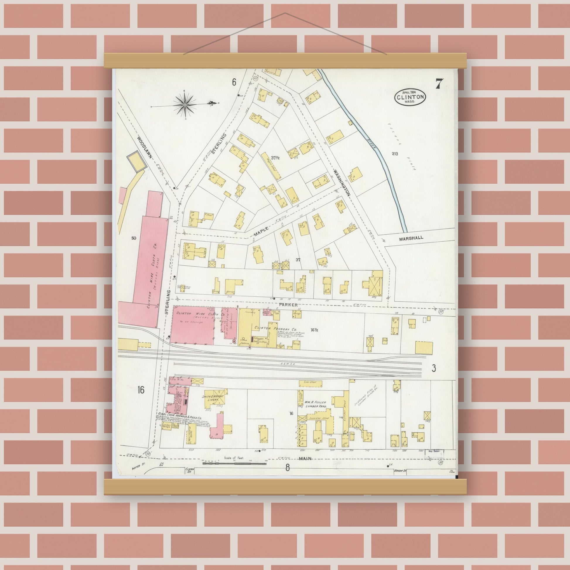 Old map wall art mockup — magnetic wood frame on brick wall — Sanborn Fire Insurance Map from Clinton, Worcester County, Massachusetts (1904), Sheet #0007