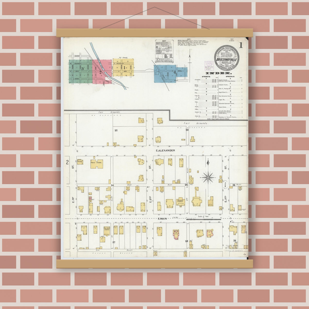 Old map wall art mockup — magnetic wood frame on brick wall — Sanborn Fire Insurance Map from Brockway, Jefferson County, Pennsylvania (1904) - Complete Map Set