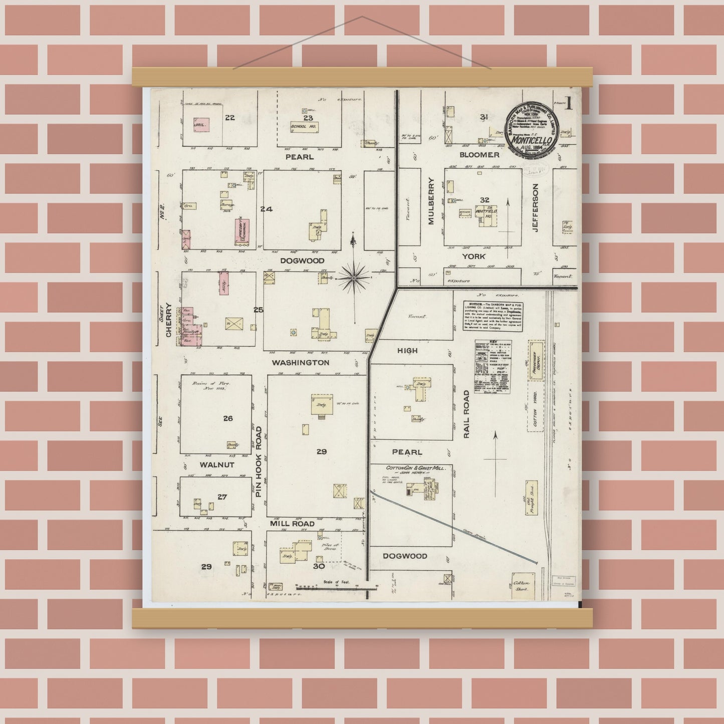 Old map wall art mockup — magnetic wood frame on brick wall — Sanborn Fire Insurance Map from Monticello, Jefferson County, Florida (1884) - Complete Map Set