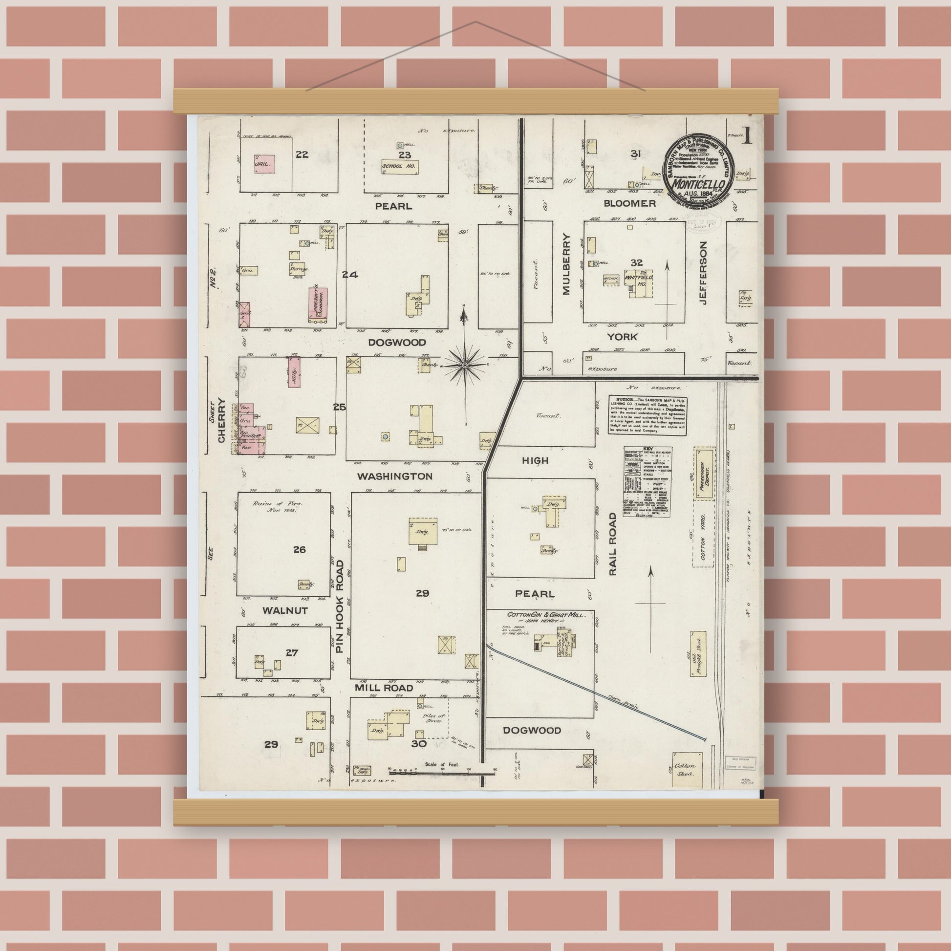 Old map wall art mockup — magnetic wood frame on brick wall — Sanborn Fire Insurance Map from Monticello, Jefferson County, Florida (1884) - Complete Map Set