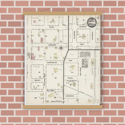 Old map wall art mockup — magnetic wood frame on brick wall — Sanborn Fire Insurance Map from Monticello, Jefferson County, Florida (1884) - Complete Map Set