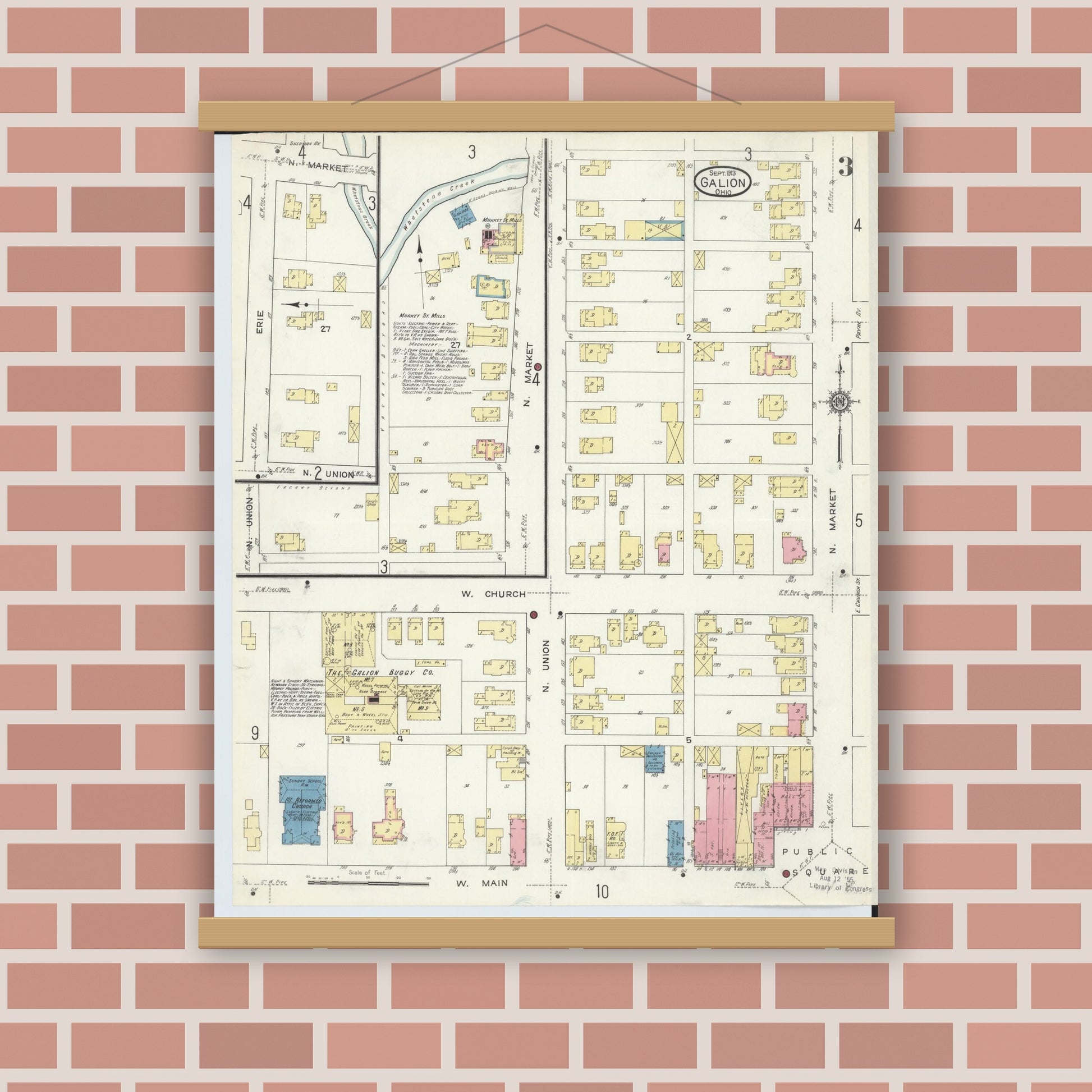 Old map wall art mockup — magnetic wood frame on brick wall — Sanborn Fire Insurance Map from Galion, Crawford County, Ohio (1913), Sheet #0003