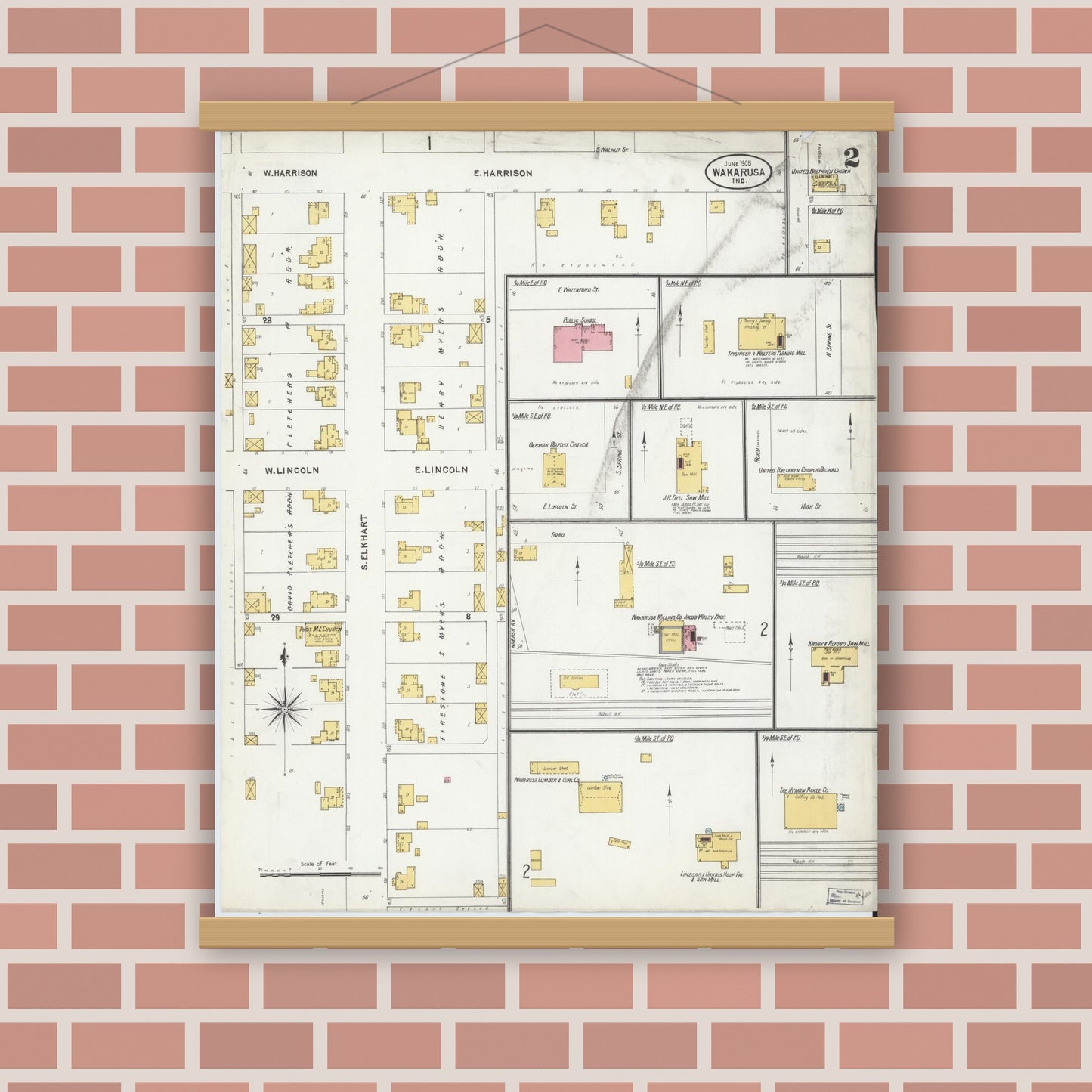 Old map wall art mockup — magnetic wood frame on brick wall — Sanborn Fire Insurance Map from Wakarusa, Elkhart County, Indiana (1905), Sheet #0002