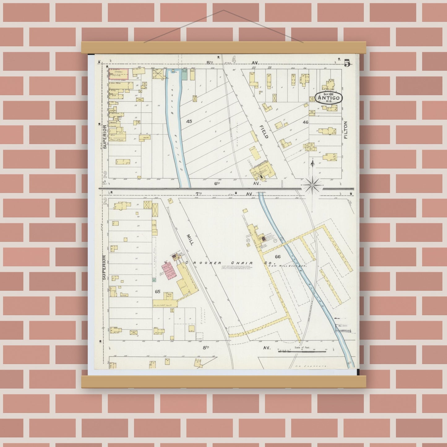 Old map wall art mockup — magnetic wood frame on brick wall — Sanborn Fire Insurance Map from Antigo, Langlade County, Wisconsin (1892), Sheet #0005