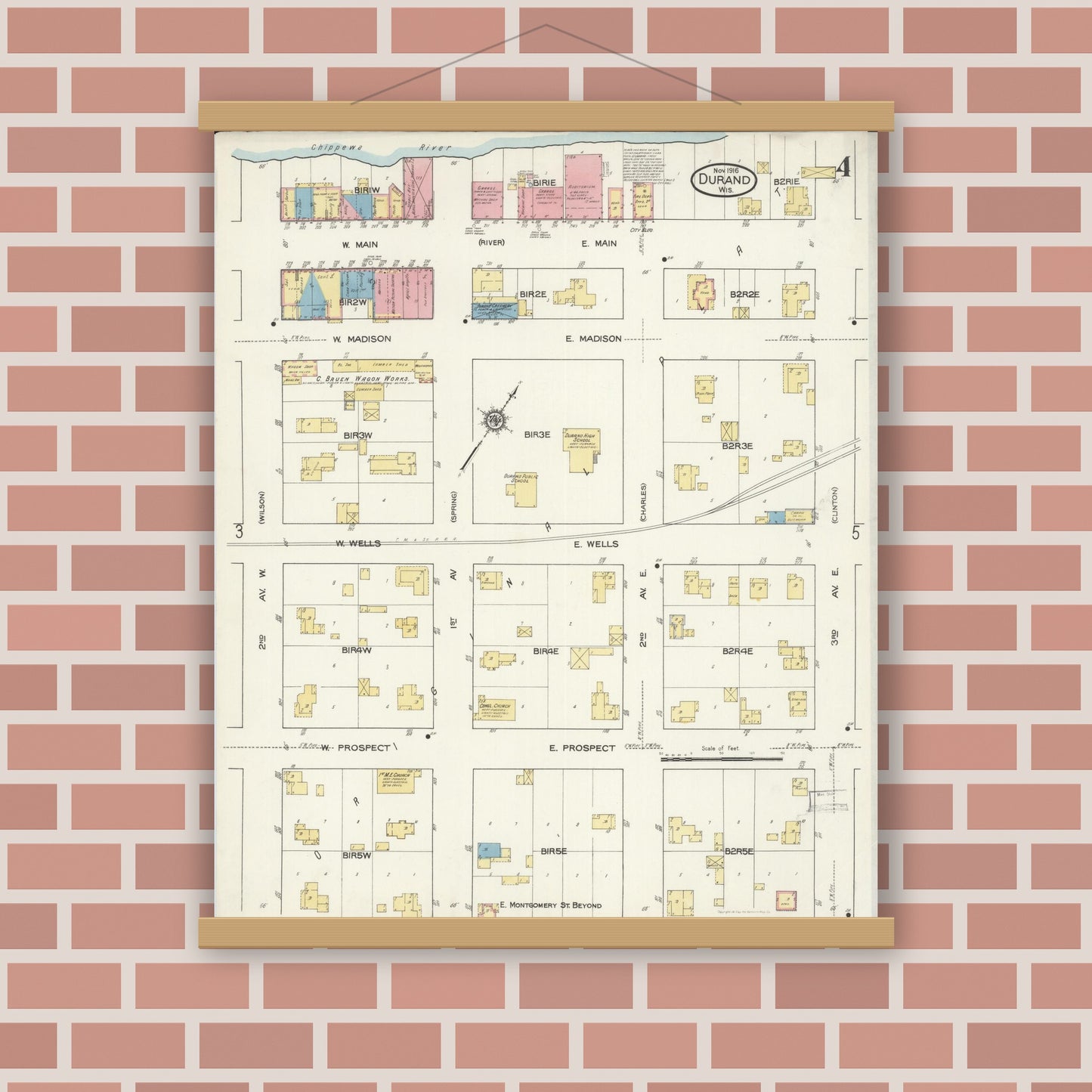 Old map wall art mockup — magnetic wood frame on brick wall — Sanborn Fire Insurance Map from Durand, Pepin County, Wisconsin (1916), Sheet #0004