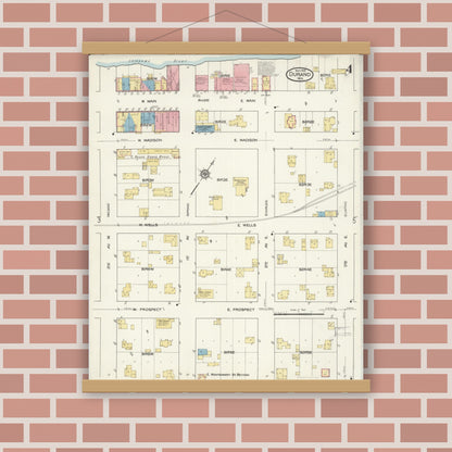 Old map wall art mockup — magnetic wood frame on brick wall — Sanborn Fire Insurance Map from Durand, Pepin County, Wisconsin (1916), Sheet #0004