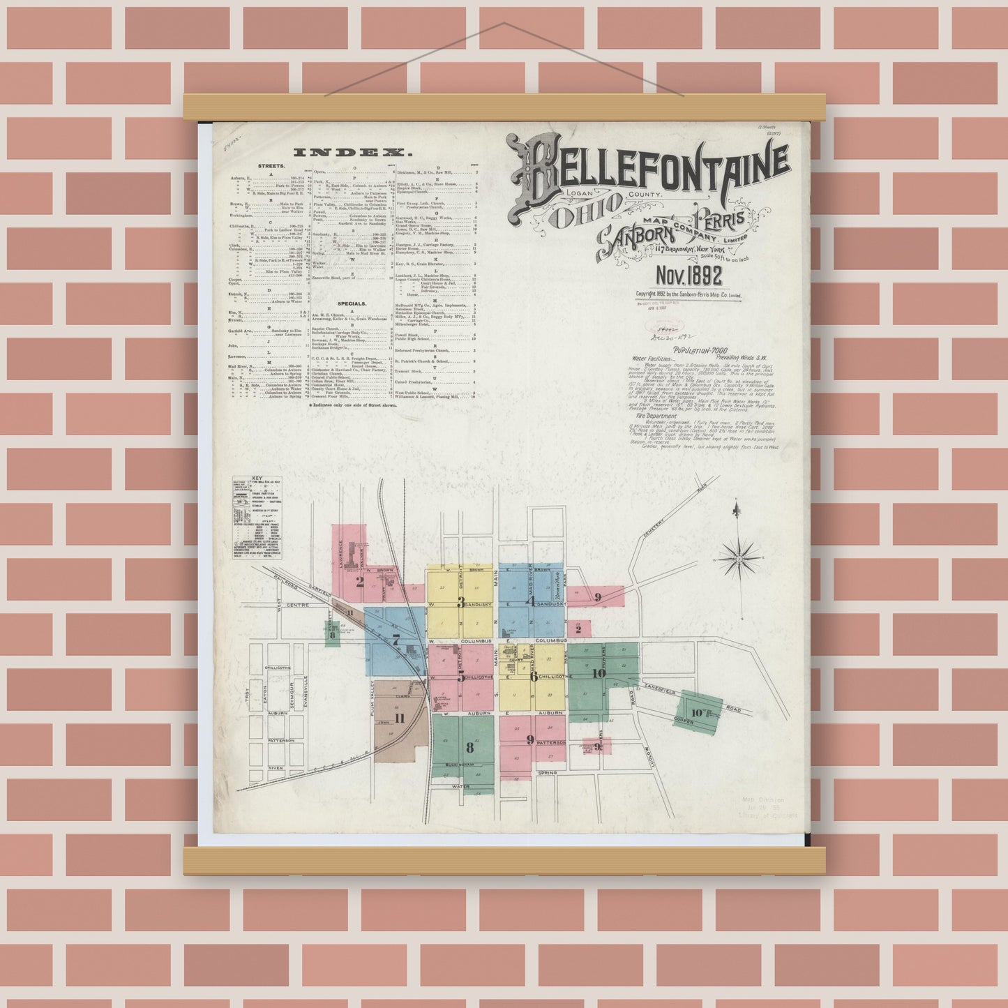 Old map wall art mockup — magnetic wood frame on brick wall — Sanborn Fire Insurance Map from Bellefontaine, Logan County, Ohio (1892) - Complete Map Set