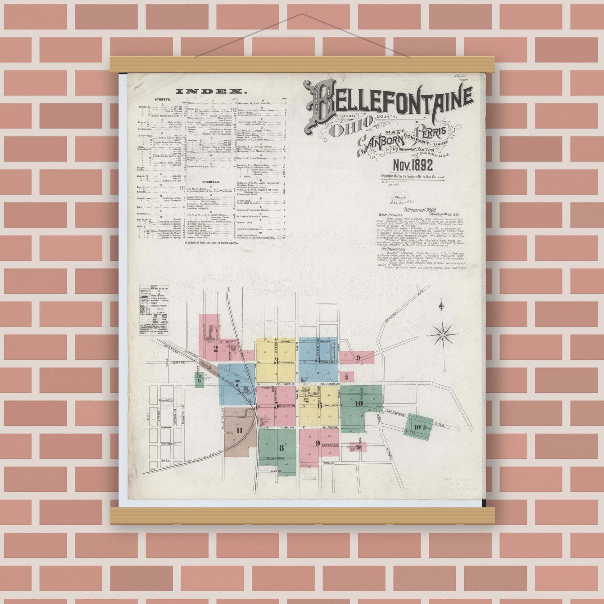 Old map wall art mockup — magnetic wood frame on brick wall — Sanborn Fire Insurance Map from Bellefontaine, Logan County, Ohio (1892) - Complete Map Set