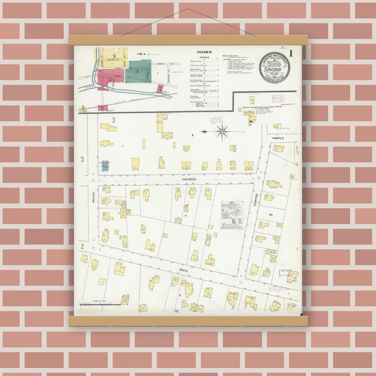 Old map wall art mockup — magnetic wood frame on brick wall — Sanborn Fire Insurance Map from Savona, Steuben County, New York (1909), Sheet #0001