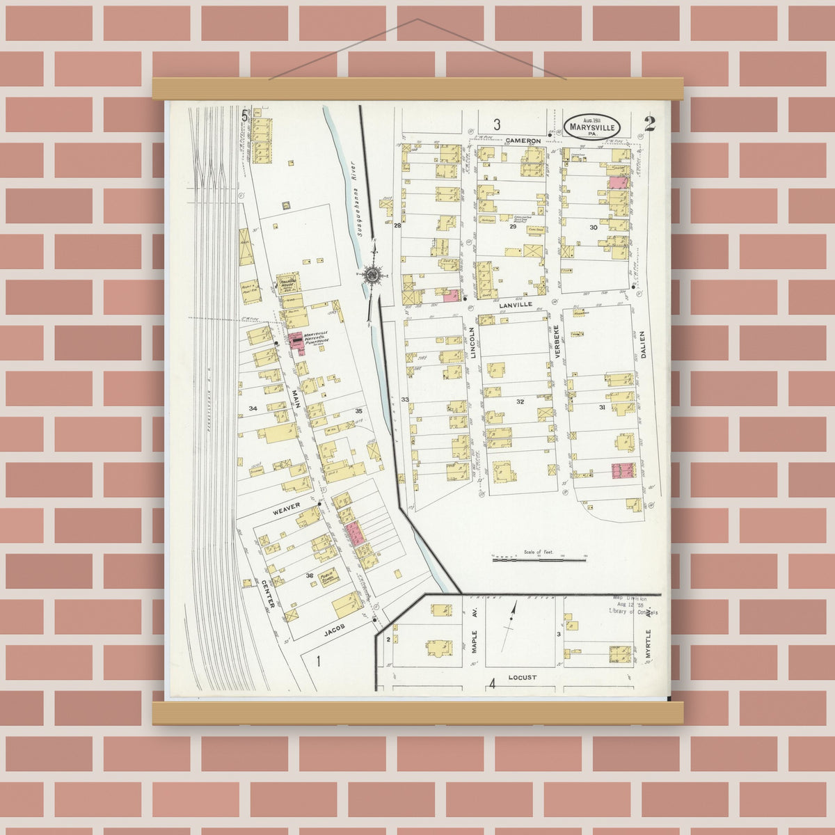 Old map wall art mockup — magnetic wood frame on brick wall — Sanborn Fire Insurance Map from Marysville, Perry County, Pennsylvania (1911), Sheet #0002