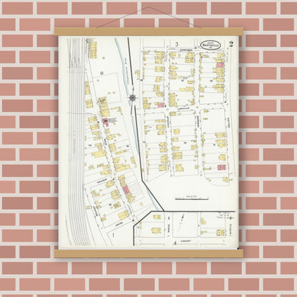 Old map wall art mockup — magnetic wood frame on brick wall — Sanborn Fire Insurance Map from Marysville, Perry County, Pennsylvania (1911), Sheet #0002