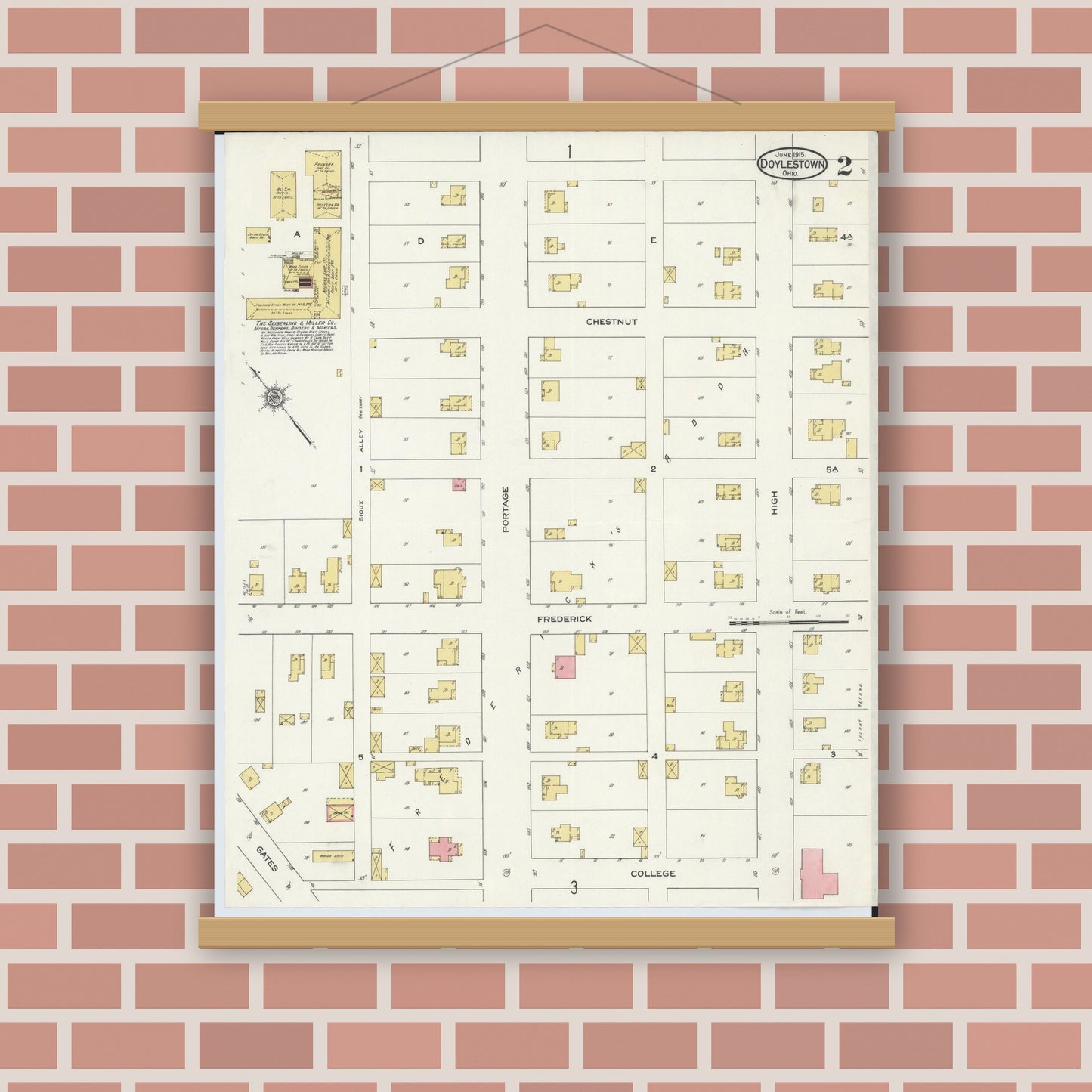 Old map wall art mockup — magnetic wood frame on brick wall — Sanborn Fire Insurance Map from Doylestown, Wayne County, Ohio (1915), Sheet #0002