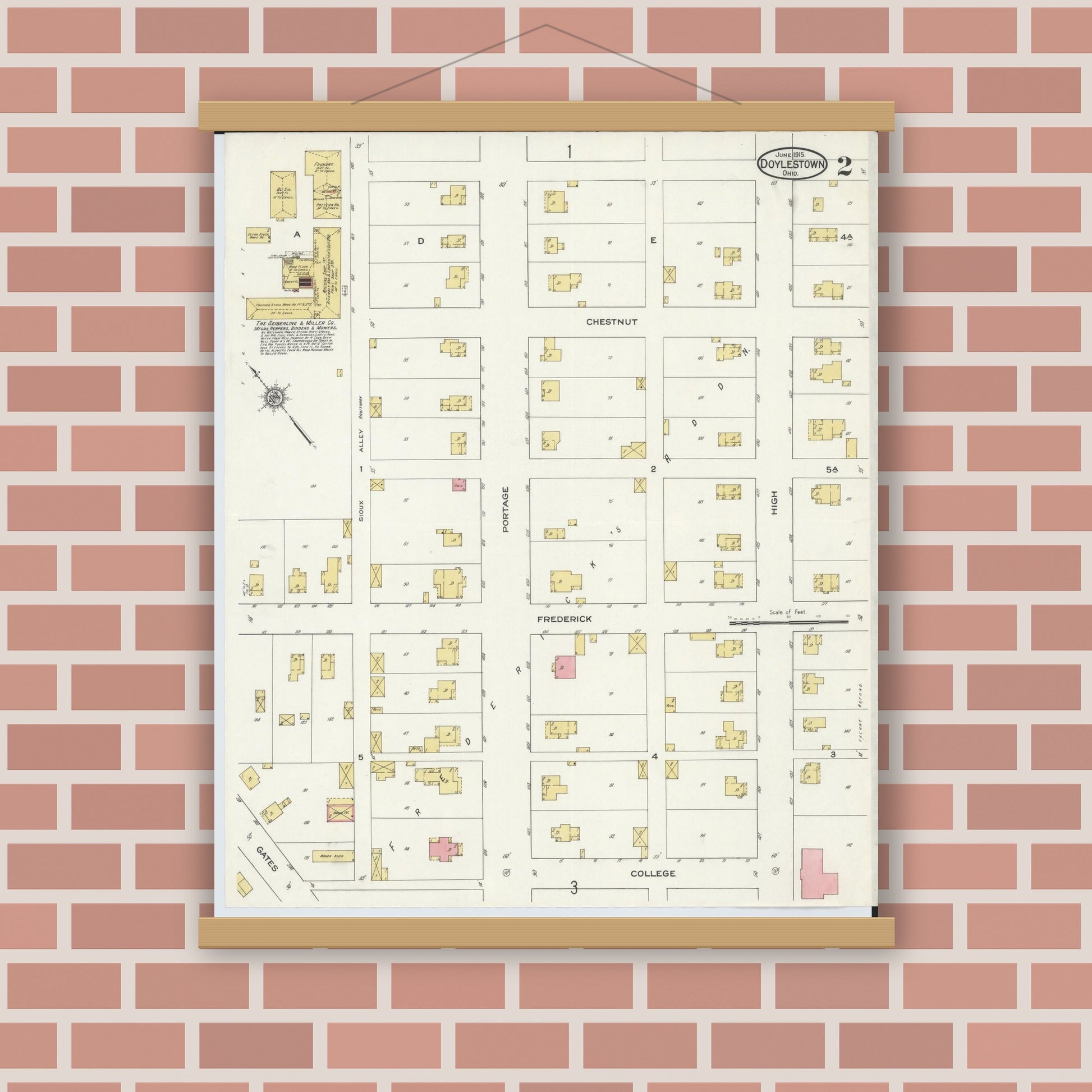 Old map wall art mockup — magnetic wood frame on brick wall — Sanborn Fire Insurance Map from Doylestown, Wayne County, Ohio (1915), Sheet #0002