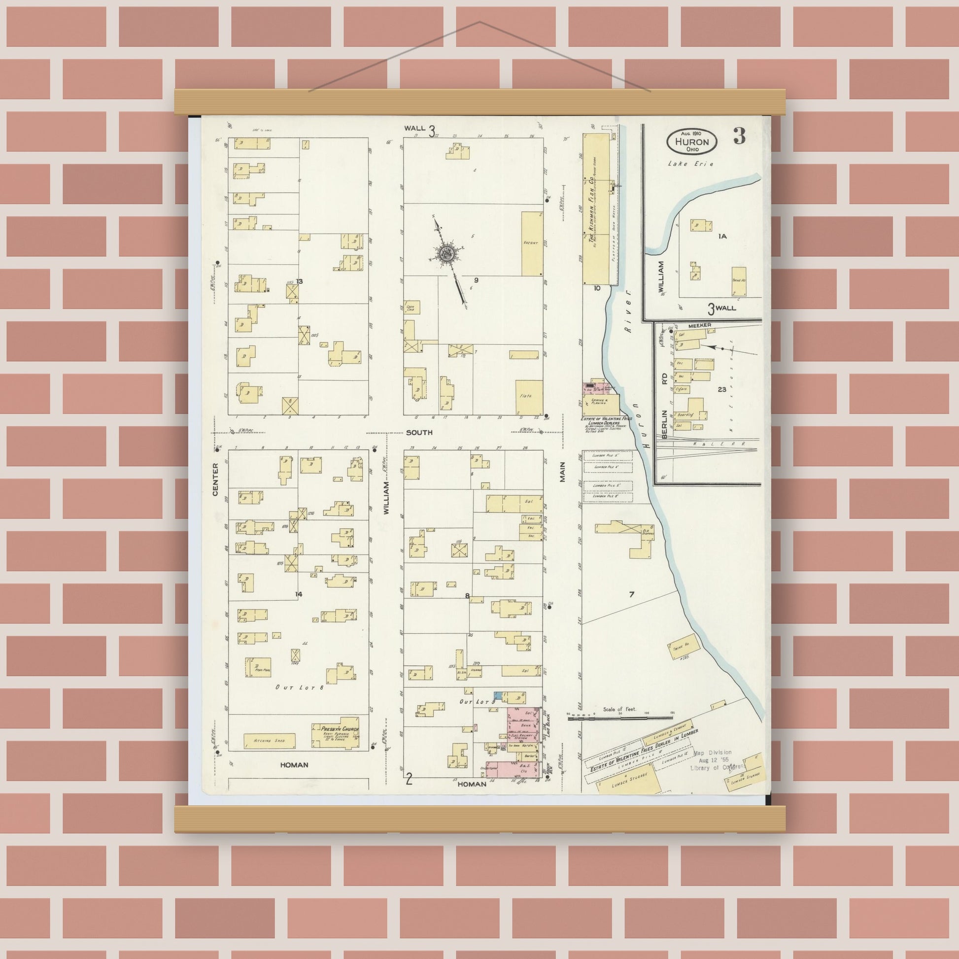 Old map wall art mockup — magnetic wood frame on brick wall — Sanborn Fire Insurance Map from Huron, Erie County, Ohio (1910), Sheet #0003