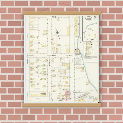 Old map wall art mockup — magnetic wood frame on brick wall — Sanborn Fire Insurance Map from Huron, Erie County, Ohio (1910), Sheet #0003