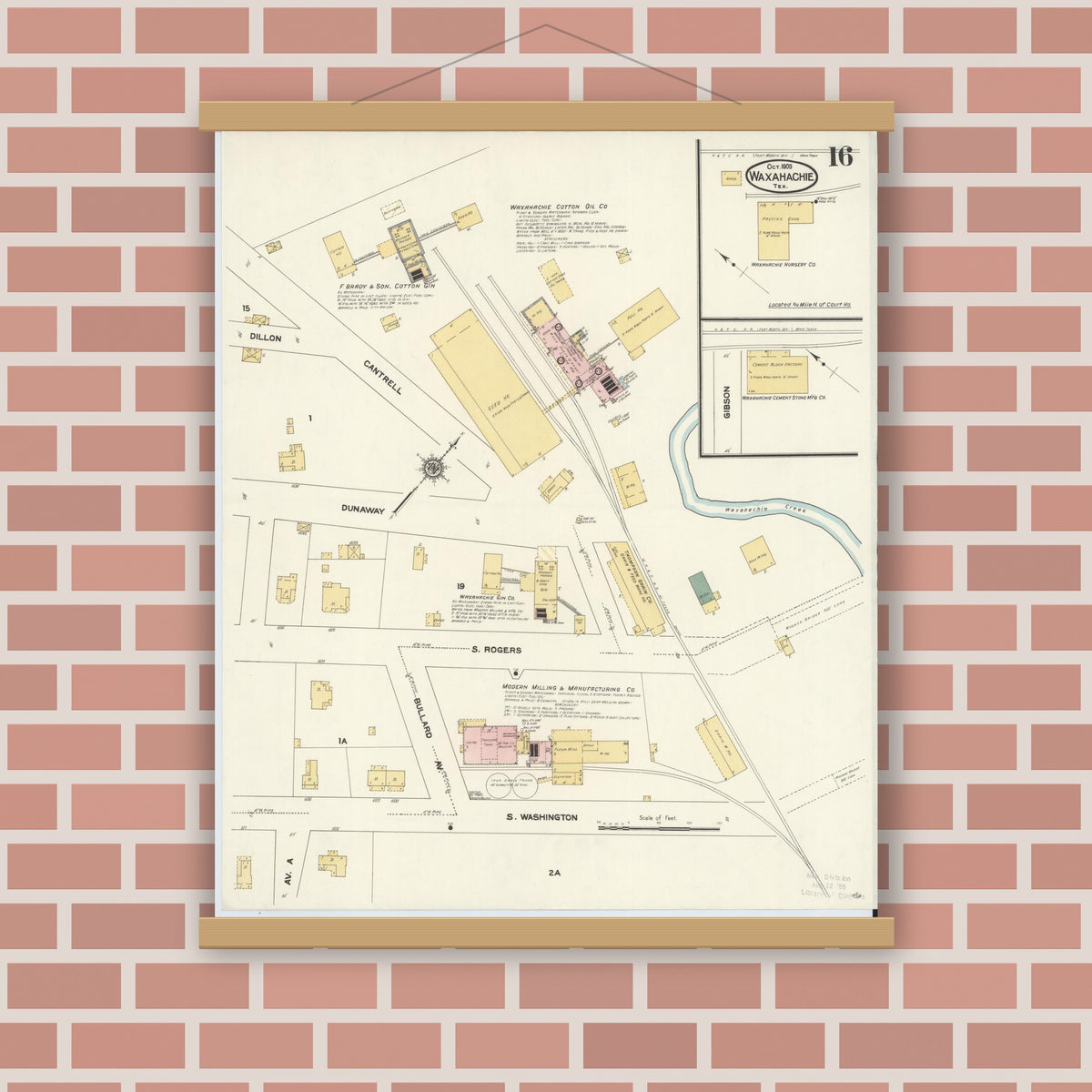 Old map wall art mockup — magnetic wood frame on brick wall — Sanborn Fire Insurance Map from Waxahachie, Ellis County, Texas (1909), Sheet #0016