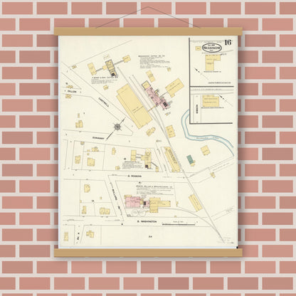 Old map wall art mockup — magnetic wood frame on brick wall — Sanborn Fire Insurance Map from Waxahachie, Ellis County, Texas (1909), Sheet #0016