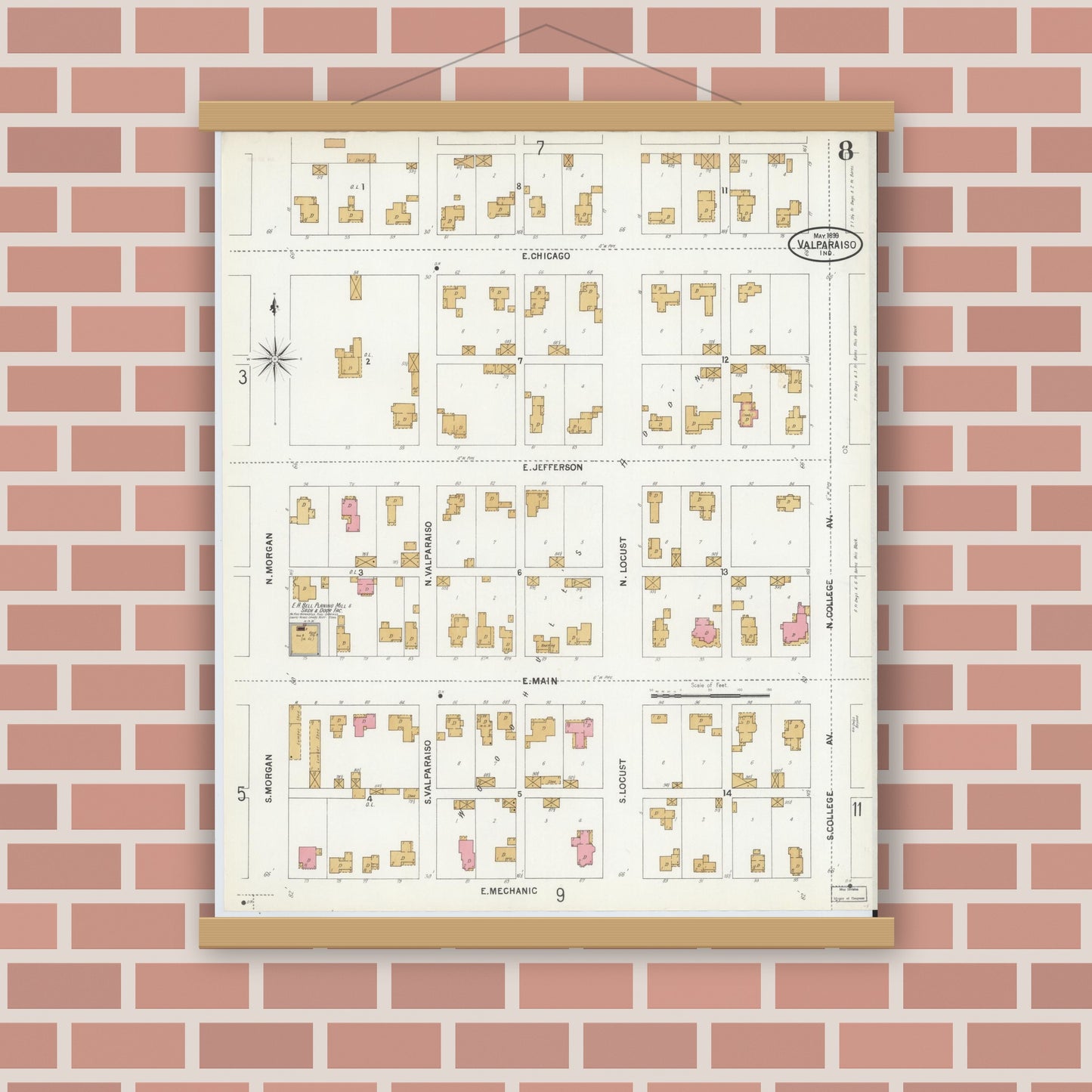 Old map wall art mockup — magnetic wood frame on brick wall — Sanborn Fire Insurance Map from Valparaiso, Porter County, Indiana (1899), Sheet #0008
