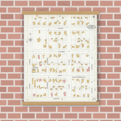 Old map wall art mockup — magnetic wood frame on brick wall — Sanborn Fire Insurance Map from Valparaiso, Porter County, Indiana (1899), Sheet #0008