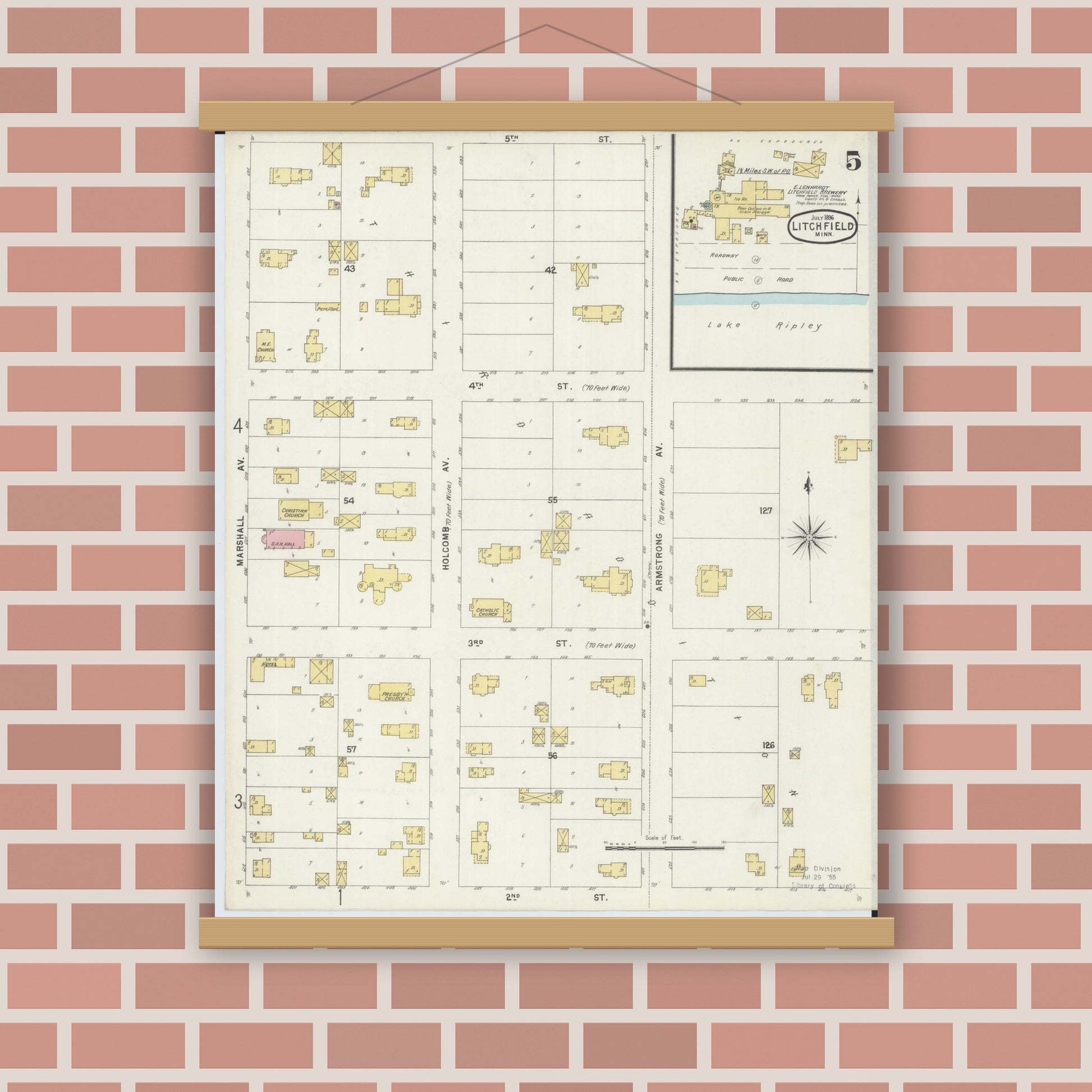 Old map wall art mockup — magnetic wood frame on brick wall — Sanborn Fire Insurance Map from Litchfield, Meeker County, Minnesota (1896), Sheet #0005