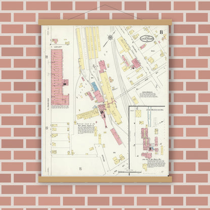 Old map wall art mockup — magnetic wood frame on brick wall — Sanborn Fire Insurance Map from Lock Haven, Clinton County, Pennsylvania (1914), Sheet #0008