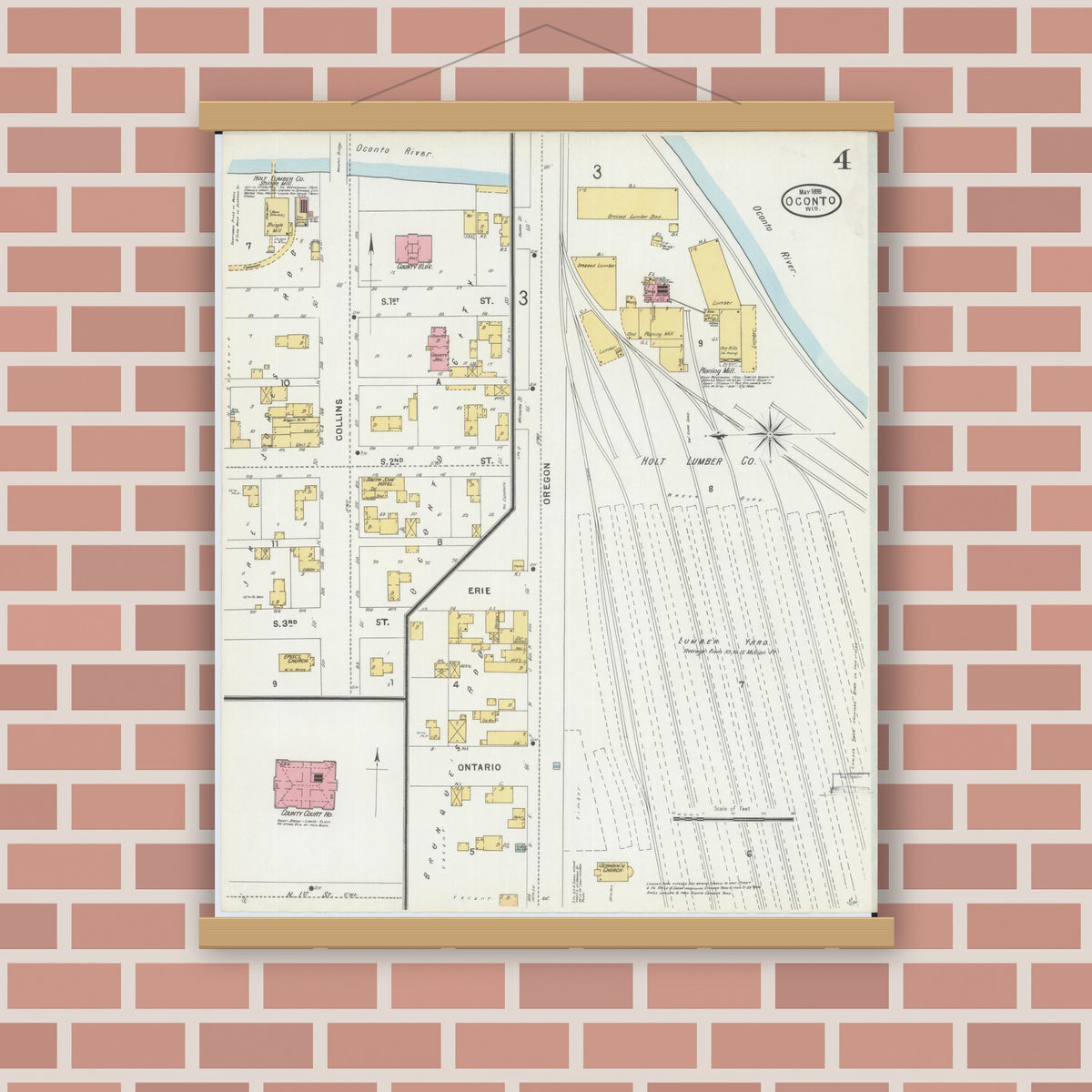 Old map wall art mockup — magnetic wood frame on brick wall — Sanborn Fire Insurance Map from Oconto, Oconto County, Wisconsin (1898), Sheet #0004