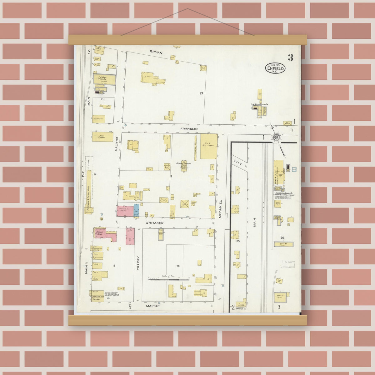 Old map wall art mockup — magnetic wood frame on brick wall — Sanborn Fire Insurance Map from Enfield, Halifax County, North Carolina (1915), Sheet #0003