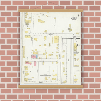 Old map wall art mockup — magnetic wood frame on brick wall — Sanborn Fire Insurance Map from Enfield, Halifax County, North Carolina (1915), Sheet #0003